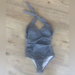 Draper James Navy Seersucker Retro Look Gingham Picnic Halter One piece Size S